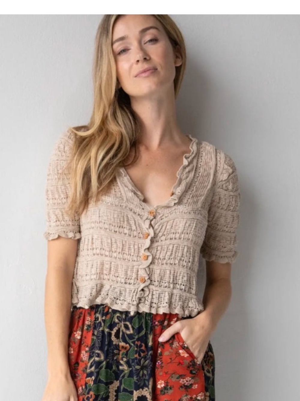 Natural Life Juliet Short Sleeve Ruffle Knit Sweater Top Beige NWT